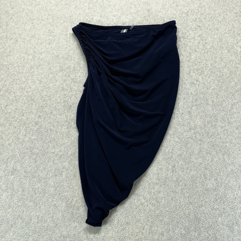 Norma Kamali Womens Navy Ruched Asymmetrical Midi Skirt Stretch XS NWT